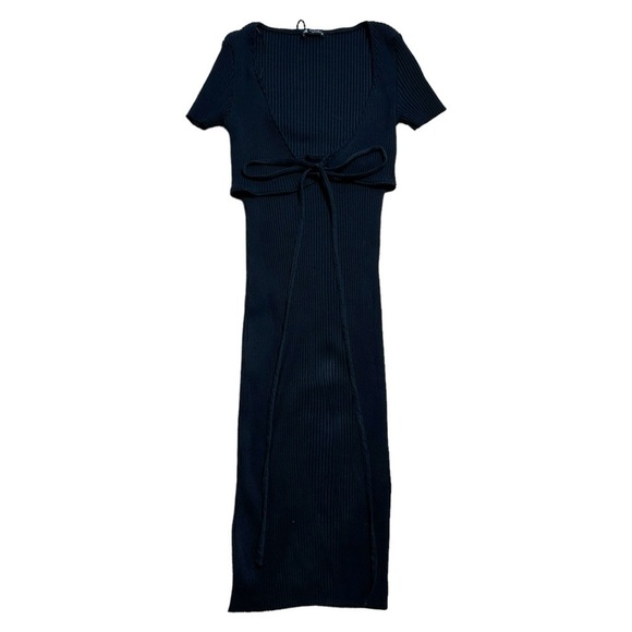 Zara Black Ribbed Knit Short Sleeve Midi Dress Women’s US L - Picture 2 of 9